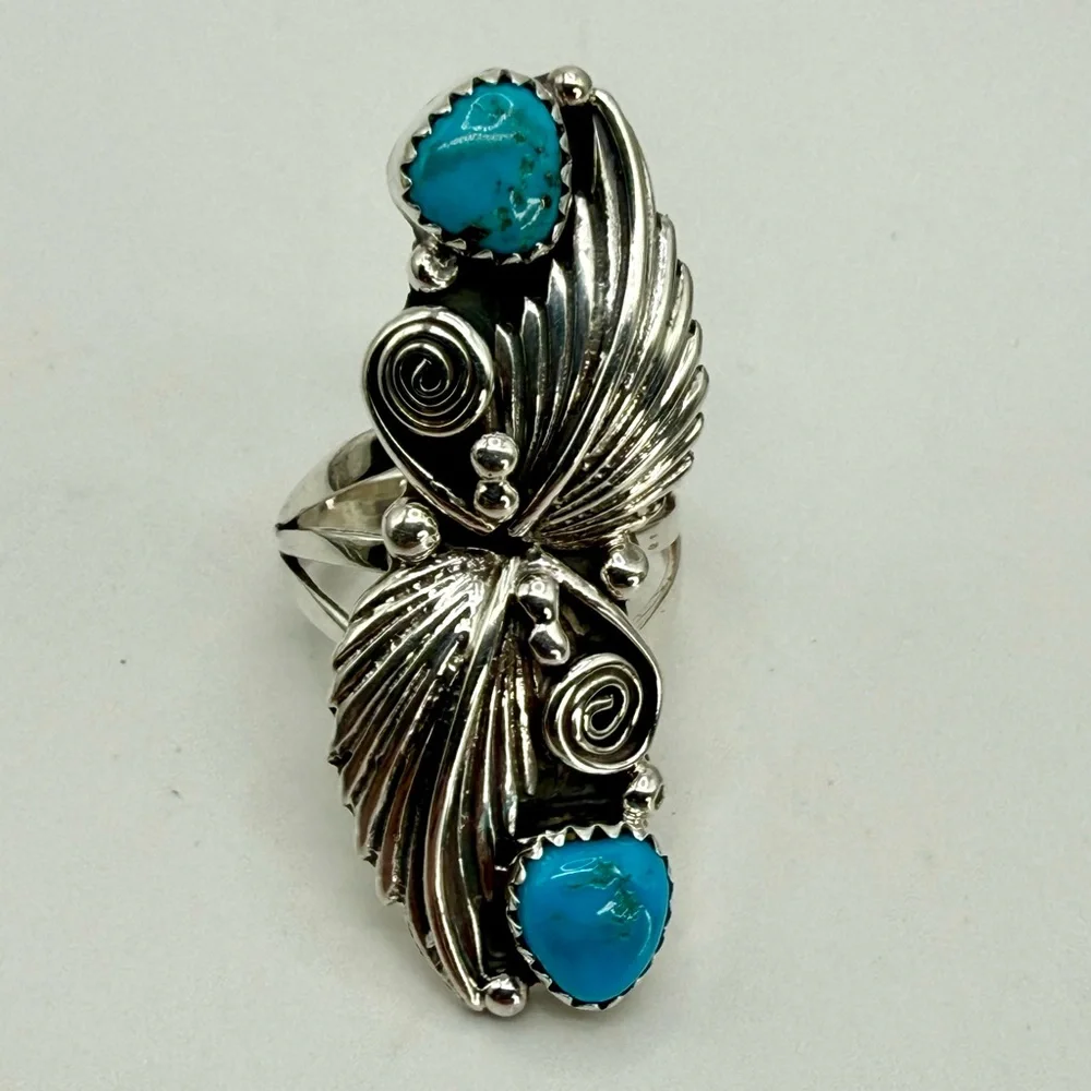 Vintage Native American Navajo Harris Largo Sterling Silver Ring with Turquoise